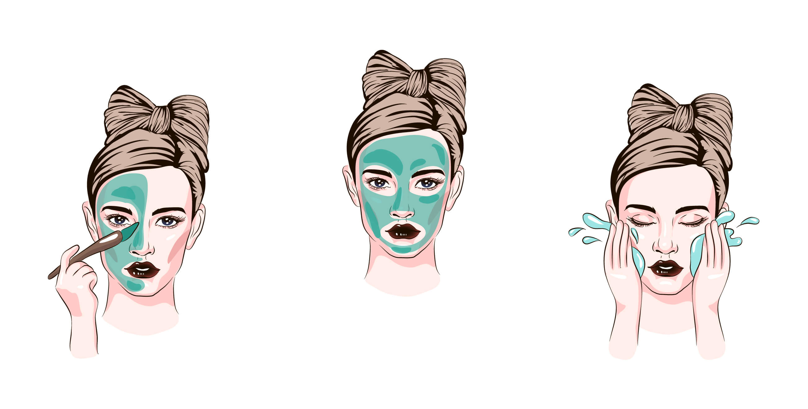 Illustration showing 3 steps to use facial mask - paint on, wait, rinse off