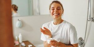 woman smiling bathroom